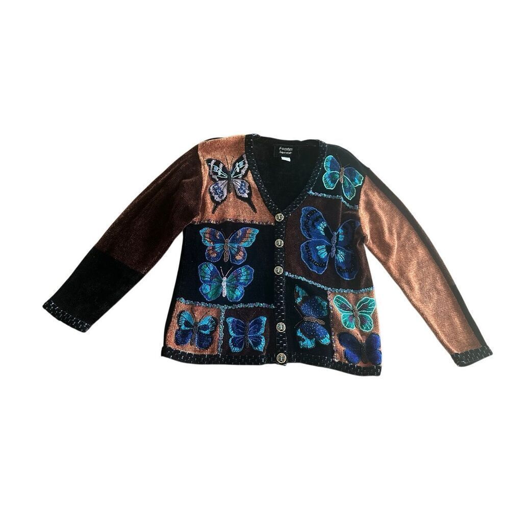 Vintage sweater black butterfly beaded cardigan chenille L art to wear